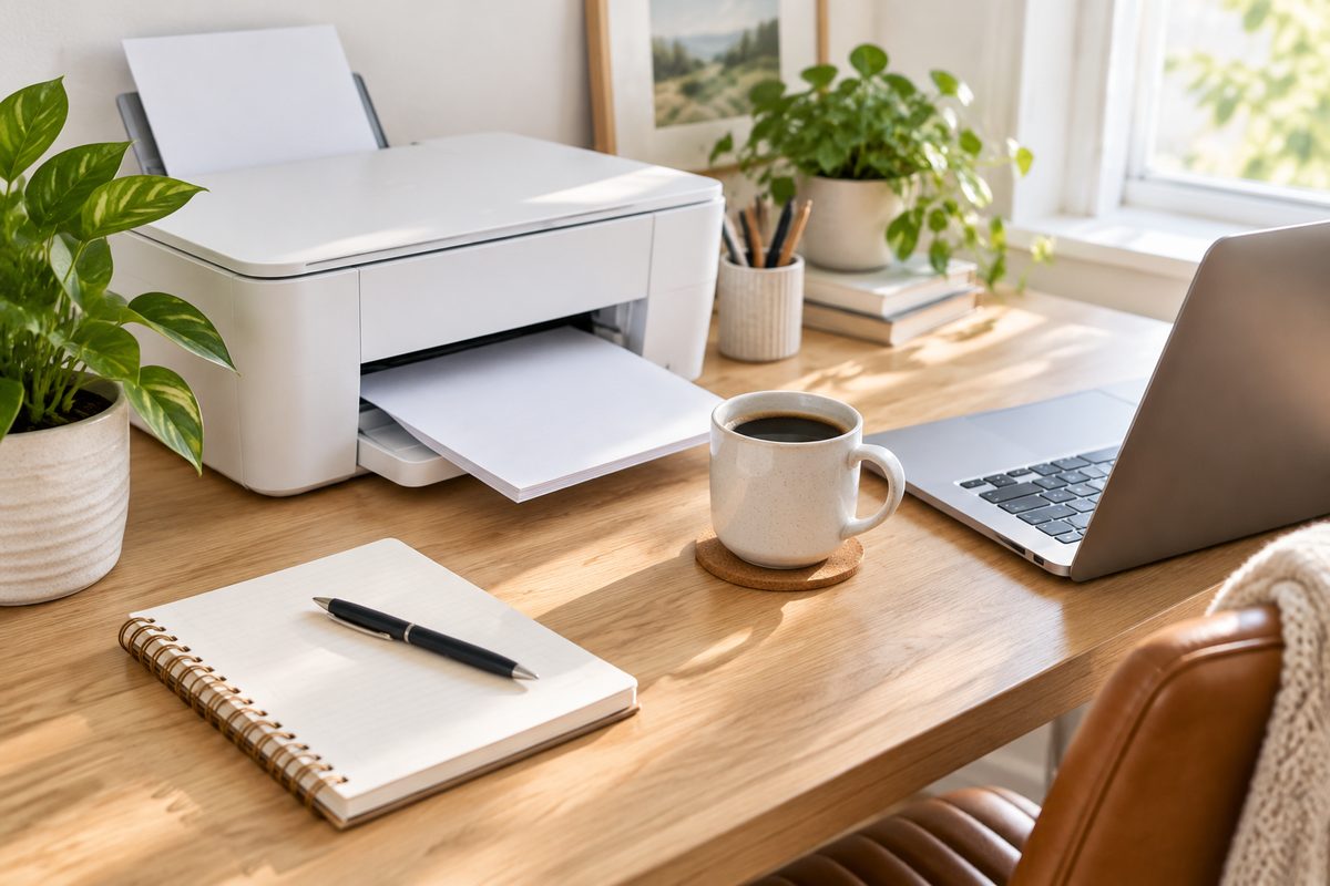 Home office desk with a printer